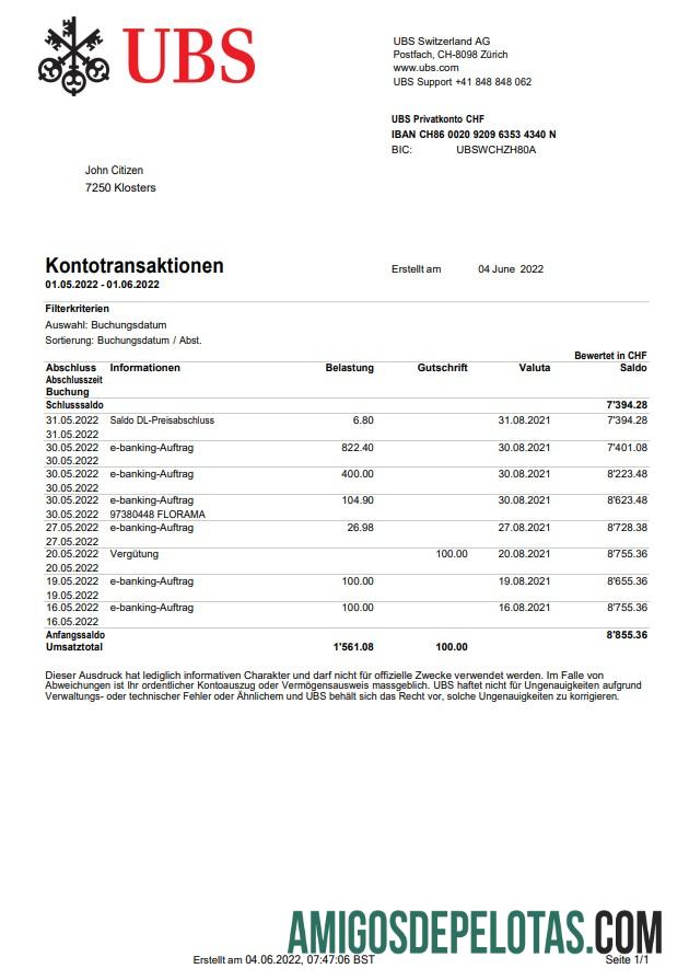 Extrato bancário realista do UBS da Suíça, modelo Word e PDF